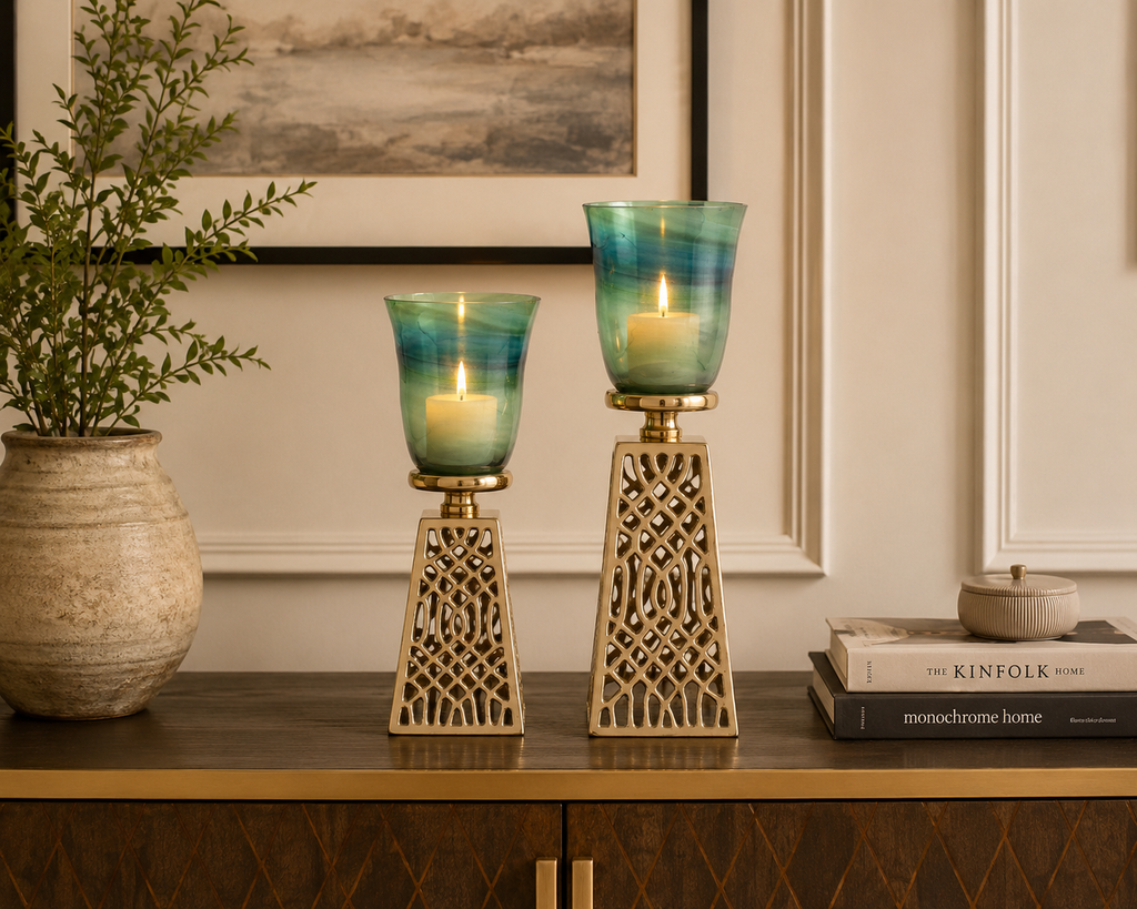 Aluminium Candle Holder with Ivory Glass – Gold Finish