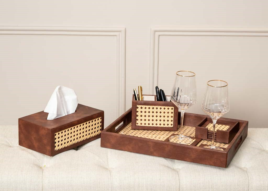 Leatherette Tray, Coaster, Pen & Tissue Holder SO4