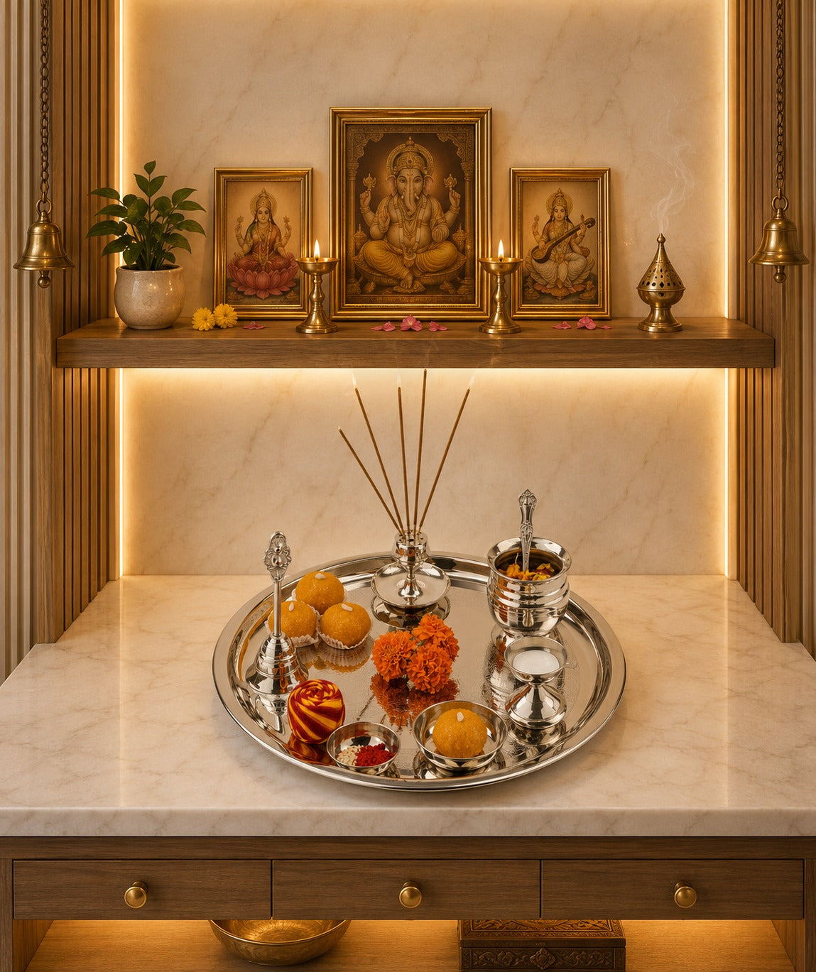 Stainless Steel Pooja Thali – Large with 6-Piece Accessory Set